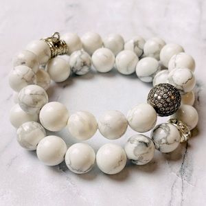 White & Grey Marble Beaded Bracelet Set 8mm-9mm